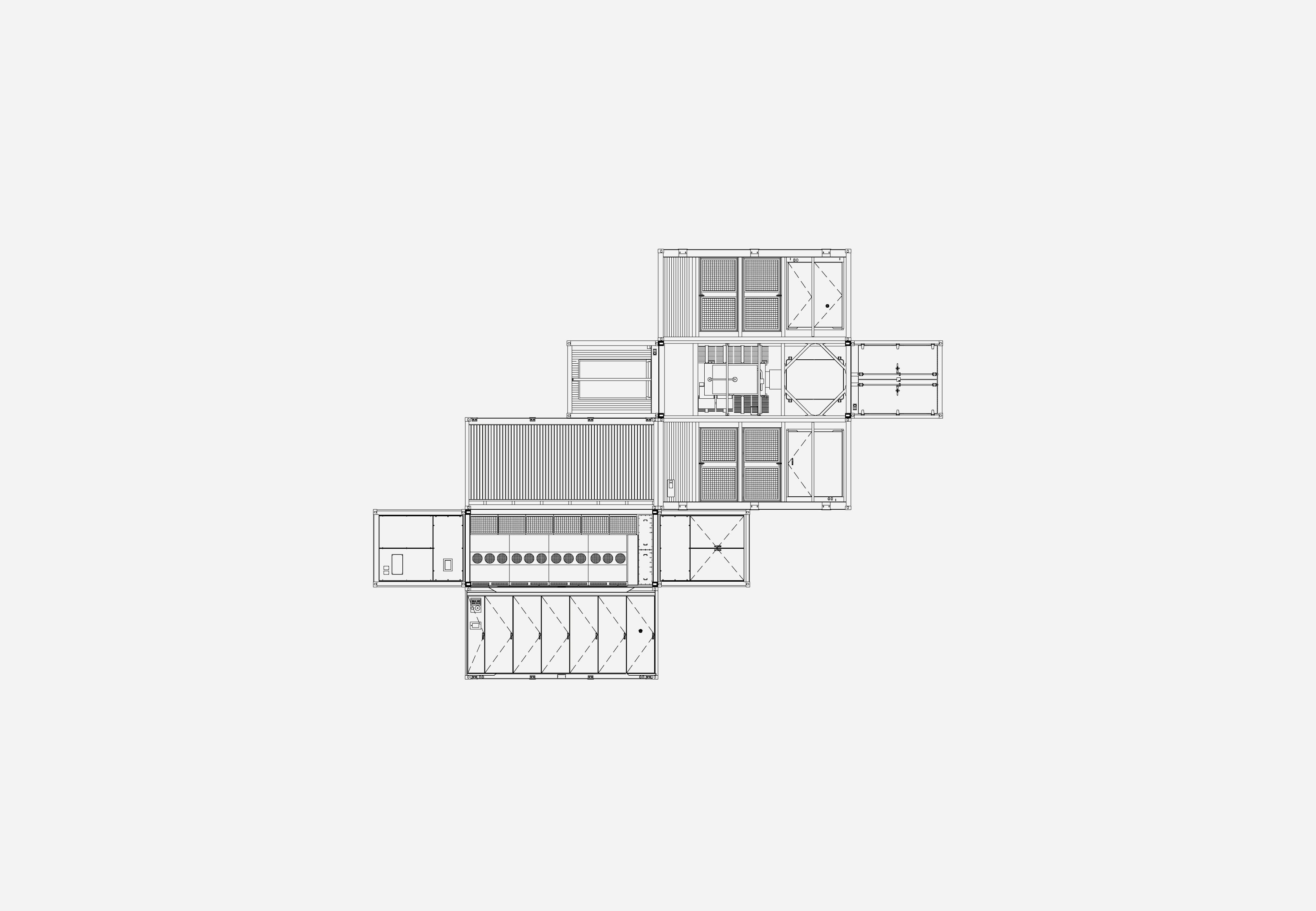 Déplié du projet Tonus par Plié Architectes, révélant la composition spatiale et les détails d'un BESS à travers plans, élévations et coupes.
