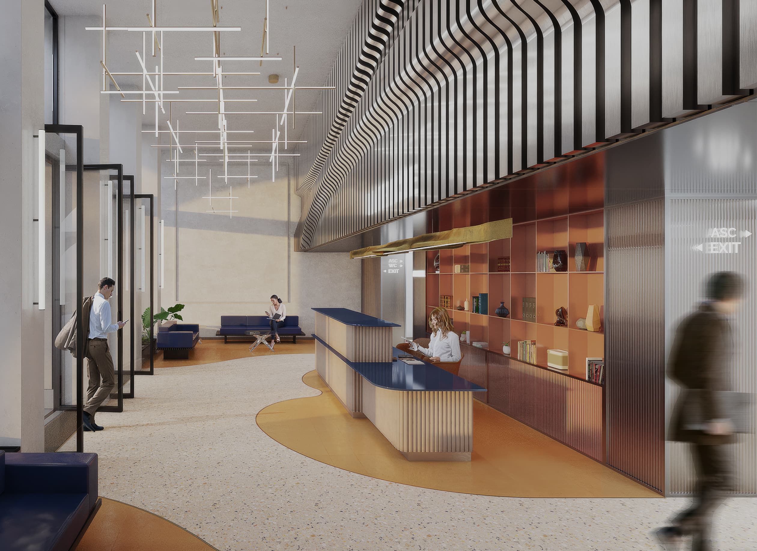 Espaces d’attente du hall de bureaux à Paris : sol en terrazzo, mobilier luxueux et meuble-paroi translucide guidant la circulation, conçu par Plié Architectes.