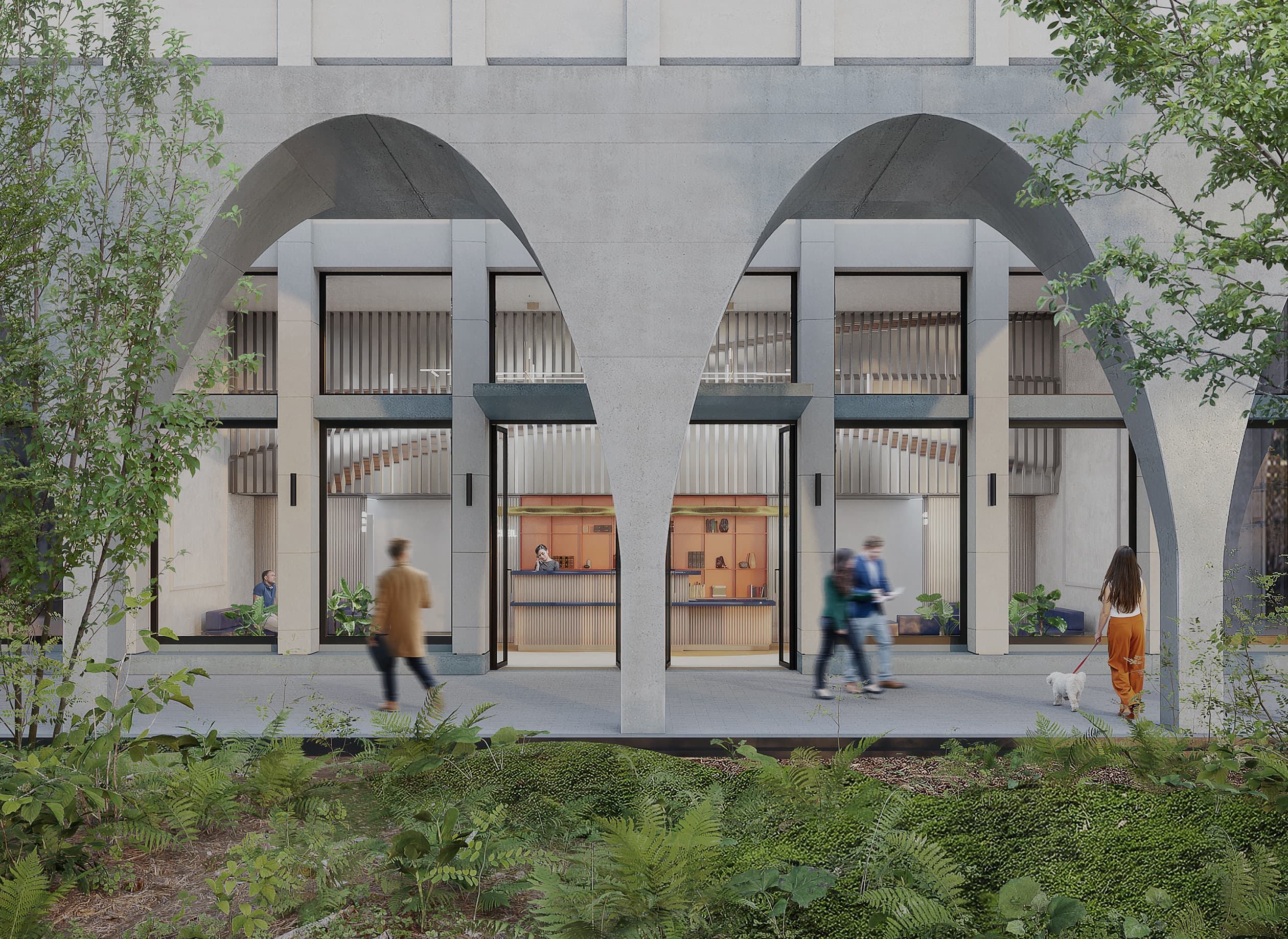 Hall de bureaux à Paris vu de l’extérieur, avec jardin arboré, voutes en béton et façade vitrée, design contemporain signé Plié Architectes.